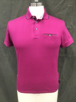 TED BAKER, Magenta Purple, Cotton, Solid, Ribbed Self Herringbone, 3 Button Placket, Ribbed Knit Collar Attached, with Black Trim, Ribbed Knit Cuff with Black Trim, 1 Button Pocket with Ribbed Knit Black/White/Magenta