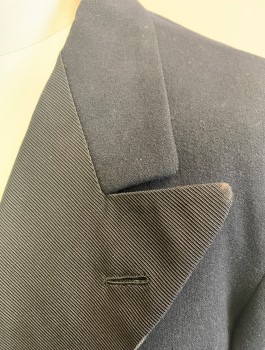 Mens, Tailcoat 1890s-1910s, JACK HENRY, Black, Wool, Solid, 41R, Wide Peaked Lapel with Faille Panel, Double Breasted, Open at Front, Solid Black Lining