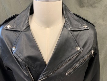N/L, Black, Leather, Solid, Motorcycle Style Jacket, Zip Front Collar Attached, Notched Lapel, 4 Pockets, Epaulets, Belt Loops, Self Belt