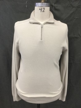 FACONNABLE, Almond, Cotton, Solid, 1/2 Zip Front, Stand Collar, Long Sleeves, Ribbed Knit Collar/Shoulder/Cuff/Waistband **Collar Stitched Down**