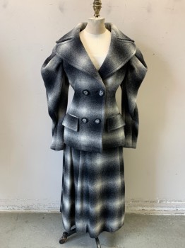 MTO, Black, White, Gray, Wool, Plaid, Suit Jacket, Heavy Felted Wool, Double Breasted, 2 Pockets, Full Large Puff Sleeves, Back Peplum, Only Front Lined