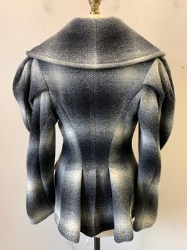 MTO, Black, White, Gray, Wool, Plaid, Suit Jacket, Heavy Felted Wool, Double Breasted, 2 Pockets, Full Large Puff Sleeves, Back Peplum, Only Front Lined