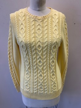 LL BEAN, Lemon Yellow, Cotton, Solid, Cable Knit, Long Sleeves, Crew Neck, Cable Knit Sleeves, Large Rib Knit Cuff Sleeves and Waistband