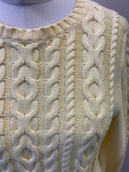 Womens, Pullover, LL BEAN, Lemon Yellow, Cotton, Solid, Cable Knit, S, Long Sleeves, Crew Neck, Cable Knit Sleeves, Large Rib Knit Cuff Sleeves and Waistband