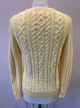 LL BEAN, Lemon Yellow, Cotton, Solid, Cable Knit, Long Sleeves, Crew Neck, Cable Knit Sleeves, Large Rib Knit Cuff Sleeves and Waistband