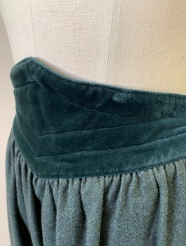 Womens, Skirt, ESCADA, Dk Green, Wool, Solid, W:25-6, Felt with Large Velvet Yoke with Diamond Shaped/Pointed Center, 2 Button Closures at Side Waist, Pleated, Mid Calf Length