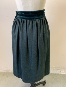 Womens, Skirt, ESCADA, Dk Green, Wool, Solid, W:25-6, Felt with Large Velvet Yoke with Diamond Shaped/Pointed Center, 2 Button Closures at Side Waist, Pleated, Mid Calf Length