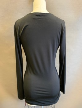 SOFIA VERGARA, Black, Synthetic, Spandex, Solid, Stretch Material, Long Sleeves, Plunging Surplice V-neck, Ruched at Side Seam, Tunic Length, Fitted
