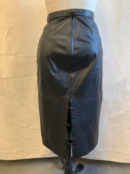 Womens, Skirt, GIII, Black, Leather, Solid, H 36, W 27, 9/10, Long Leather Skirt, 1" Waistband, Slit Back with Button Loops, Zip Back