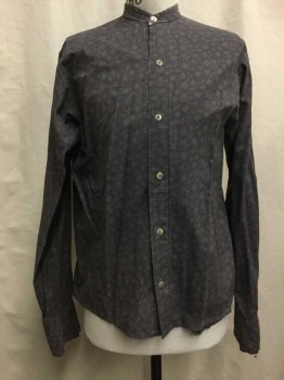 Mens, Shirt 1890s-1910s, N/L, Graphite Gray, Black, Cotton, Floral, Polka Dots, 34/35, 16.5, Graphite with Black Floral and Tiny Polka Dot Print, Button Front, Collar Band, Long Sleeves, Distressed, Shoulder Burn