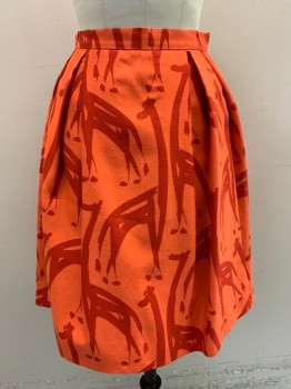 CLASSIQUES, Coral Orange, Red, Cotton, Rayon, Abstract , A-Line, Pleated, Zip Back