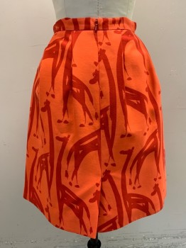 Womens, Skirt, Knee Length, CLASSIQUES, Coral Orange, Red, Cotton, Rayon, Abstract , 2, A-Line, Pleated, Zip Back