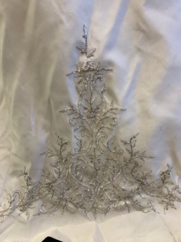 Womens, Wedding Gown, PICCIONE, Ivory White, Silk, Nylon, Solid, W25, B32, Strapless, Ruched Bust, Silver & Ivory Embroidery  at Waist and Hem with Sequins, Seed Beads, & Crystals, Train, Zipper Center Back with Satin Buttons, 1 Bow on Right Hip,