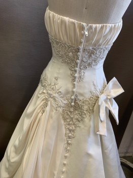 Womens, Wedding Gown, PICCIONE, Ivory White, Silk, Nylon, Solid, W25, B32, Strapless, Ruched Bust, Silver & Ivory Embroidery  at Waist and Hem with Sequins, Seed Beads, & Crystals, Train, Zipper Center Back with Satin Buttons, 1 Bow on Right Hip,