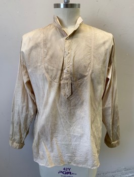Mens, Historical Fiction Shirt, SCULLY, Ecru, Cotton, Solid, L, Long Sleeves, 3 Button Placket, Short Stand Collar, Aged - Very Dirty and Mud Stained, Old West or Working Class Reproduction