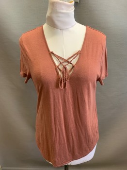 HINGE, Faded Red, Viscose, Linen, Solid, Short Sleeves, V-neck, Lace Up, Braided Self Tie, Curved Hem, TShirt Jersey