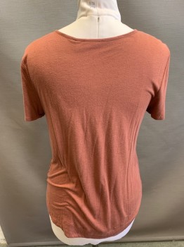HINGE, Faded Red, Viscose, Linen, Solid, Short Sleeves, V-neck, Lace Up, Braided Self Tie, Curved Hem, TShirt Jersey