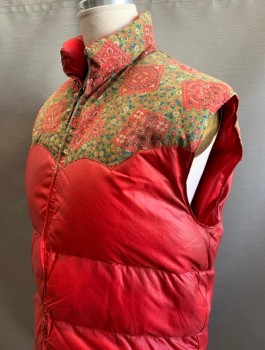 Womens, Vest, FROSTLINE KIT, Red, Olive Green, Off White, Multi-color, Nylon, Cotton, Solid, Floral, B<46", L, Puffer Vest, Solid Red Nylon with Olive Floral Patterned Western Style Yoke, Zip Front, Stand Collar, Lightly Aged,