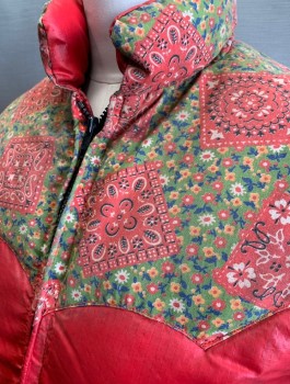 Womens, Vest, FROSTLINE KIT, Red, Olive Green, Off White, Multi-color, Nylon, Cotton, Solid, Floral, B<46", L, Puffer Vest, Solid Red Nylon with Olive Floral Patterned Western Style Yoke, Zip Front, Stand Collar, Lightly Aged,