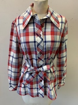 Womens, Shirt, N/L, White, Navy Blue, Red, Cotton, Plaid-  Windowpane, B: 34, L/S, C.A., Button Front, Self Tie Belt, *Small Stain on Belt*,