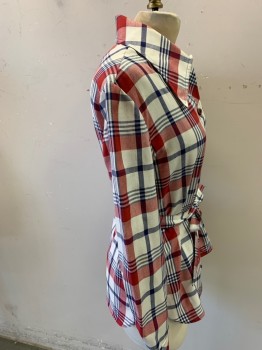 Womens, Shirt, N/L, White, Navy Blue, Red, Cotton, Plaid-  Windowpane, B: 34, L/S, C.A., Button Front, Self Tie Belt, *Small Stain on Belt*,