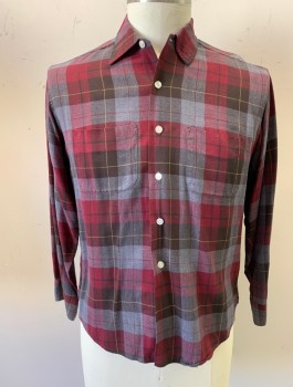 Mens, Casual Shirt, SEARS, Red Burgundy, Black, Gray, Yellow, Cotton, Plaid, N:16, L, S:33, Flannel, L/S, Button Front, Collar Attached, 2 Patch Pockets