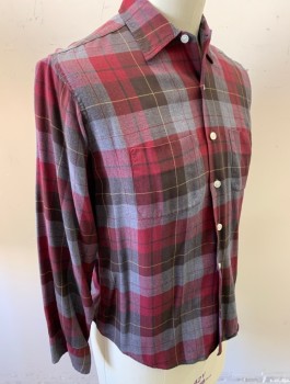 SEARS, Red Burgundy, Black, Gray, Yellow, Cotton, Plaid, Flannel, L/S, Button Front, Collar Attached, 2 Patch Pockets