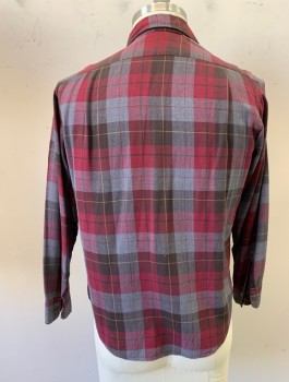 Mens, Casual Shirt, SEARS, Red Burgundy, Black, Gray, Yellow, Cotton, Plaid, N:16, L, S:33, Flannel, L/S, Button Front, Collar Attached, 2 Patch Pockets
