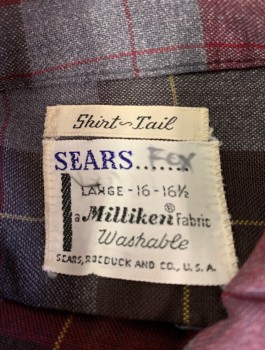 SEARS, Red Burgundy, Black, Gray, Yellow, Cotton, Plaid, Flannel, L/S, Button Front, Collar Attached, 2 Patch Pockets