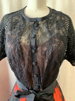 BRYAN LARO, Black, Red, Poly/Cotton, Nylon, Floral, 2pc with Ribbon Belt, Black Lace Sheer Bodice, Small Bow at Center Neckline, Button Front, Short Sleeves, Caramel Attached Slip, A-Line Dress, Rose Printed Skirt