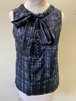 TORY BURCH, Midnight Blue, White, Silk, Abstract , Sleeveless, Drawstring Scoop Neck with Self Bow Ties, 6 Gold Buttons at Front