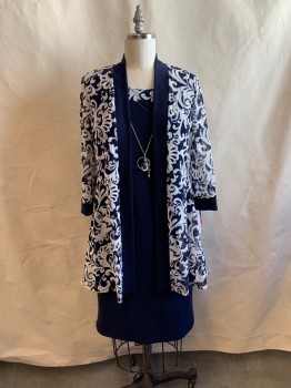 R&M RICHARDS, Navy Blue, White, Polyester, Spandex, Floral, JACKET, Shawl Lapel, Open Front, Sheer
