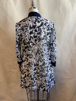 R&M RICHARDS, Navy Blue, White, Polyester, Spandex, Floral, JACKET, Shawl Lapel, Open Front, Sheer