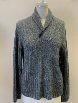 VINCE, Green, Gray, White, Turquoise Blue, Wool, Viscose, Tweed, Shawl Collar, 1 Leather Button Closure, L/S, Large Rib