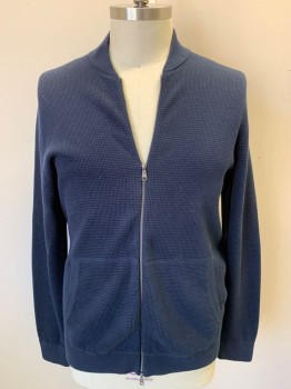 Mens, Cardigan Sweater, BANANA REPUBLIC, Navy Blue, Cotton, Solid, XL, Long Sleeves, Zip Front, Double Zipper, Build Up Shawl Collar, Waffle Knit