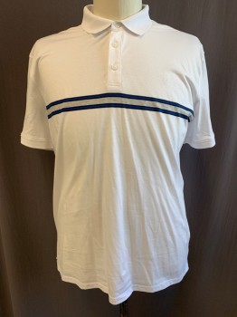 CALVIN KLEIN, White, Primary Blue, Black, Lt Gray, Cotton, Stripes, Solid, Collar Attached, 3 Buttons Half Placket, Short Sleeves, Stripes Horizontally on Center Front