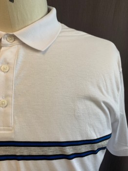 CALVIN KLEIN, White, Primary Blue, Black, Lt Gray, Cotton, Stripes, Solid, Collar Attached, 3 Buttons Half Placket, Short Sleeves, Stripes Horizontally on Center Front