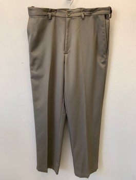 HAGGAR, Olive Green, Polyester, Solid, Classic Fit, Zip Front, Button Closure, Flat Front, 4 Pockets