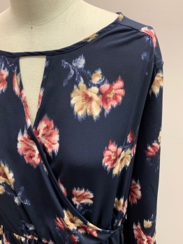 LUSH, Midnight Blue, Wine Red, Tan Brown, Multi-color, Polyester, Floral, Scoop Neck, Half Wrap, Button Back With Open Eyelet, Gathered Waistband