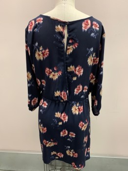LUSH, Midnight Blue, Wine Red, Tan Brown, Multi-color, Polyester, Floral, Scoop Neck, Half Wrap, Button Back With Open Eyelet, Gathered Waistband