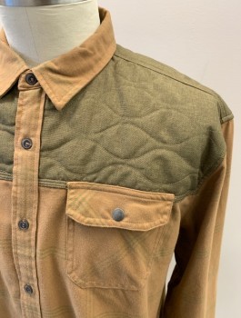HOWLER BROS, Dk Khaki Brn, Olive Green, Poly/Cotton, Plaid-  Windowpane, Color Blocking, B.F., L/S, Chest Pockets With Snap Flaps, Quilted Yoke, Logo Patch On Side Seam