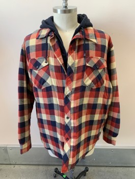 DAKOTA, Terracotta Brown, Red-Orange, Beige, Navy Blue, Cotton, Synthetic, Check , Zip Front, B.F., Faux Hoodie Front, Flannel, Chest Pockets With Button Flaps, Side Pockets, Quilted Lining