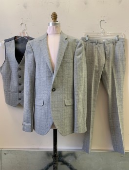 TOPMAN, Gray, Polyester, Wool, Plaid, 1 Button, Flap Pockets, Single Vent