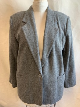 Womens, Blazer, WORTHINGTON, Gray, Wool, Heathered, 20W, Single Breasted, 1 Button, Big Drop Notched Lapel, 2 Pockets, Shoulder Pads