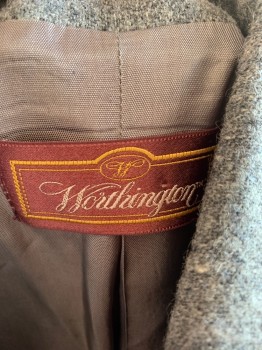 WORTHINGTON, Gray, Wool, Heathered, Single Breasted, 1 Button, Big Drop Notched Lapel, 2 Pockets, Shoulder Pads
