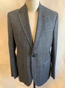 TED BAKER, Dk Gray, White, Lt Blue, Wool, Plaid-  Windowpane, Single Breasted, 2 Buttons, 3 Pockets, Notched Lapel, Double Vent, Black/Eggplant Button Pin
