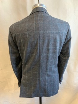 TED BAKER, Dk Gray, White, Lt Blue, Wool, Plaid-  Windowpane, Single Breasted, 2 Buttons, 3 Pockets, Notched Lapel, Double Vent, Black/Eggplant Button Pin