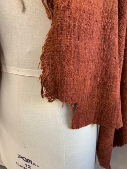 Womens, Shawl 1890s-1910s, N/L, Rust Orange, Cotton, Heathered, O/S, Rectangular, Raw Edges,*Square Cut Out of One Corner*