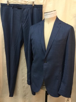 HUGO BOSS, Denim Blue, Wool, Heathered, Solid, Single Breasted, 2 Buttons, 2 Patch Pocket, Top Stitch, Notched Lapel,