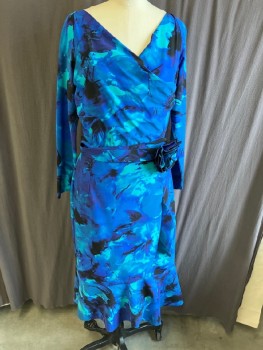 CHIARA BONI, Blue, Polyester, Lycra, Floral, Pullover, Royal Blue/Aqua/ Black/ Teal / Floral Print,, Faux Surplus Bust,, Skirt With Cascade Ruffle,  Attached Self Belt